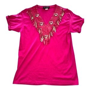 Vintage Philip Noel Magenta T-Shirt Leather Fringe + Silvertone Embellishments